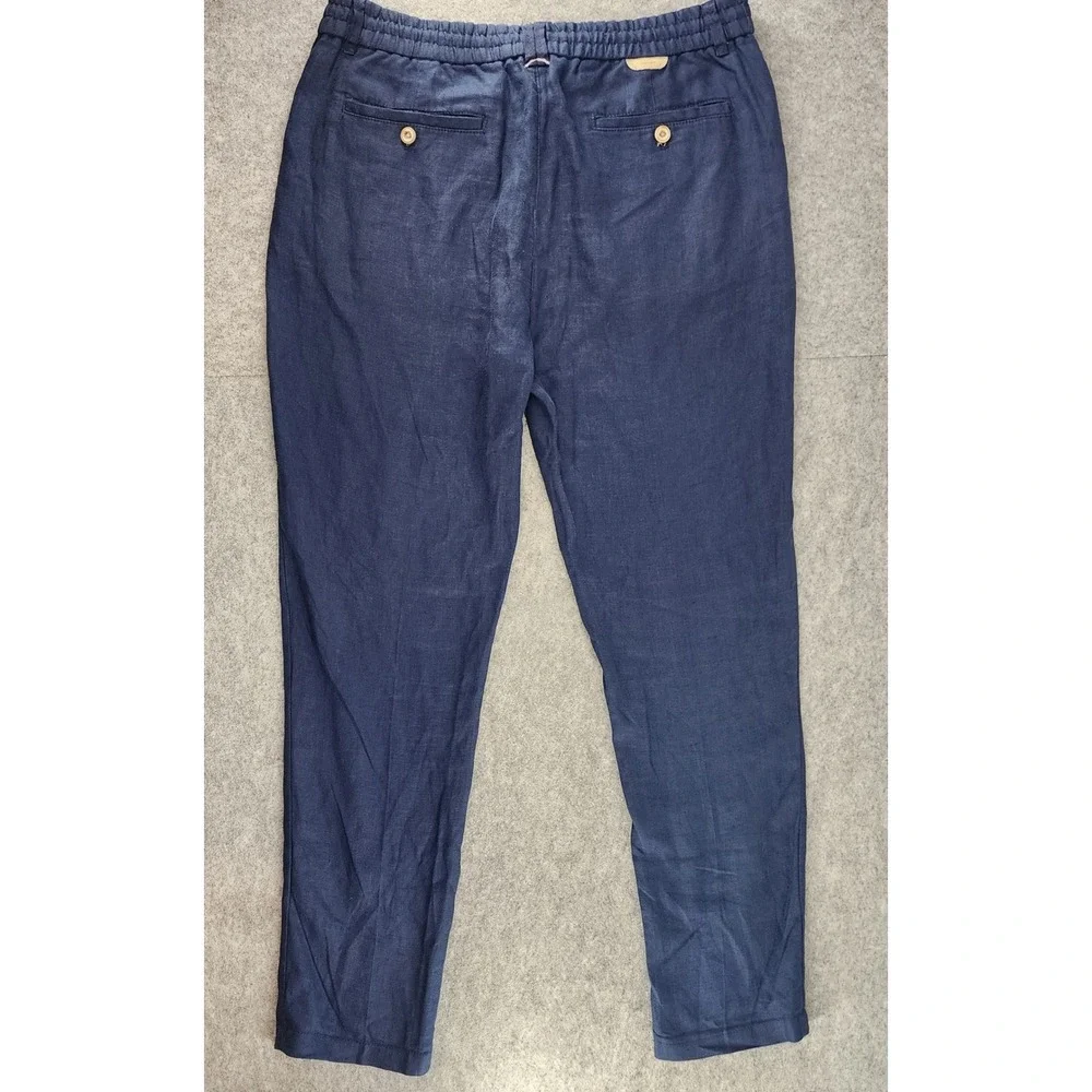 Zara Man Medium Navy Blue 100% Linen Drawstring Tapered Trousers Mens Summer